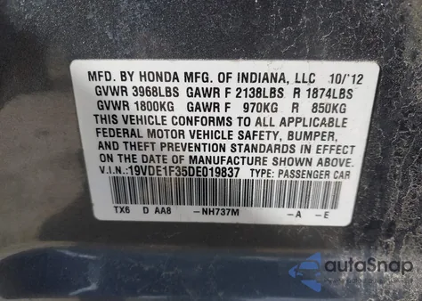 2013 Acura Ilx 2.0L z USA, uszkodzony, nr VIN 19VDE1F35DE019837